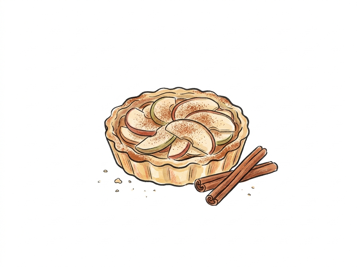 Desserts — hand-drawn cooking illustration of a cinnamon apple tart with cinnamon sticks on a plain white background