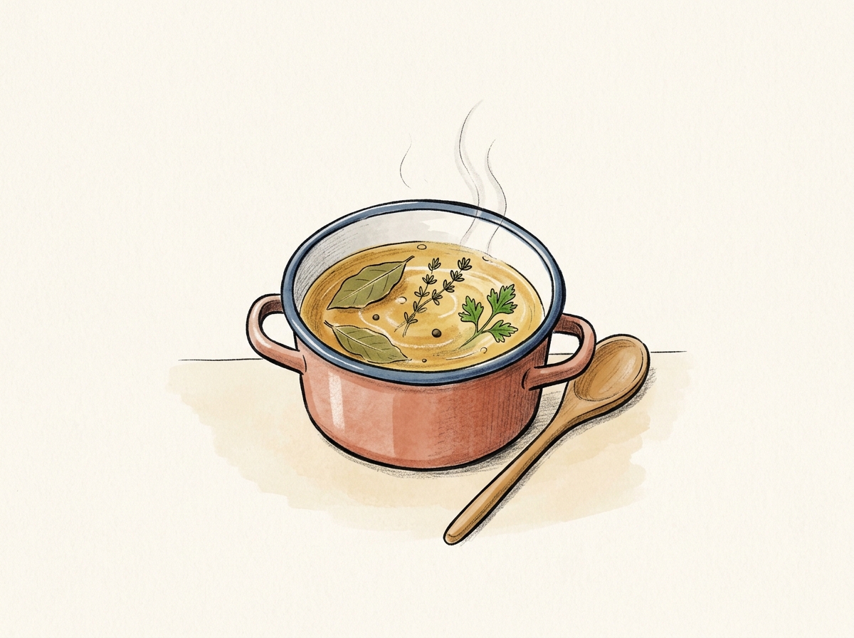 Infusion — hand-drawn cooking illustration of bay leaves infusing in a simmering stockpot