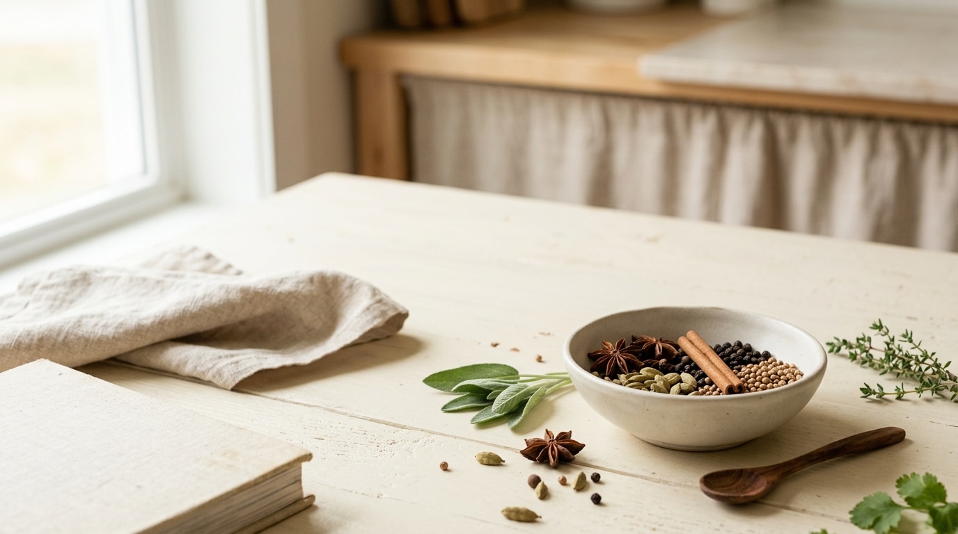 A light kitchen table with whole spices, herbs, linen, and a wooden spoon