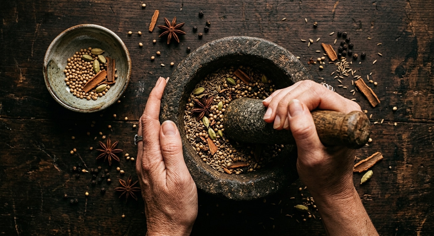 Hands grinding and mixing whole spices in a stone bowl, top-down