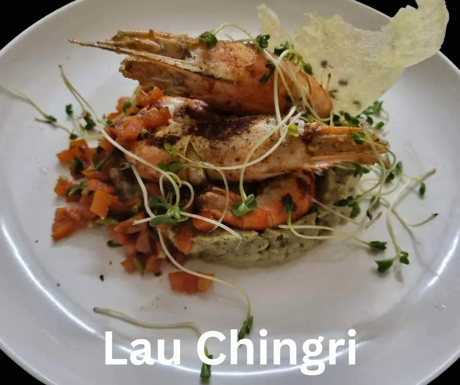 Lau Chingri with Rice cracker, tomato concasse and mustard greens by Shahir Nazib