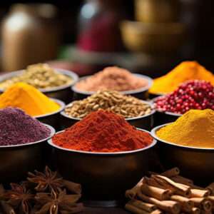 A market display of whole spices and grains